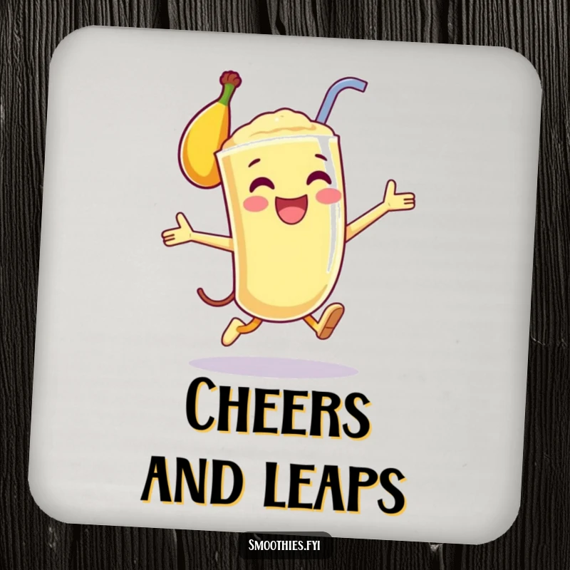 Funny drink coaster with a happy anthropomorphic banana smoothie mid-leap, adding a dynamic and cheerful touch to any setting.