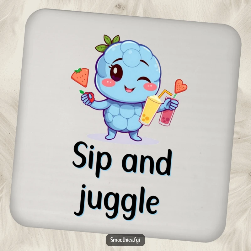 Funny winking blueberry character drink coaster juggling fruit smoothies, protecting surfaces with humor.