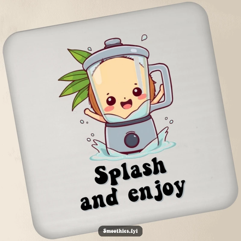 Funny coconut character splashing gleefully into a blender, adding playful protection on this drink coaster.