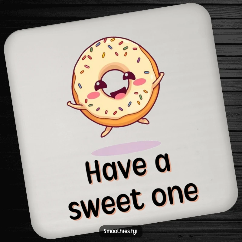 Funny donut drink coaster with sprinkles doing a playful jump and giggling, protecting surfaces with sweetness.