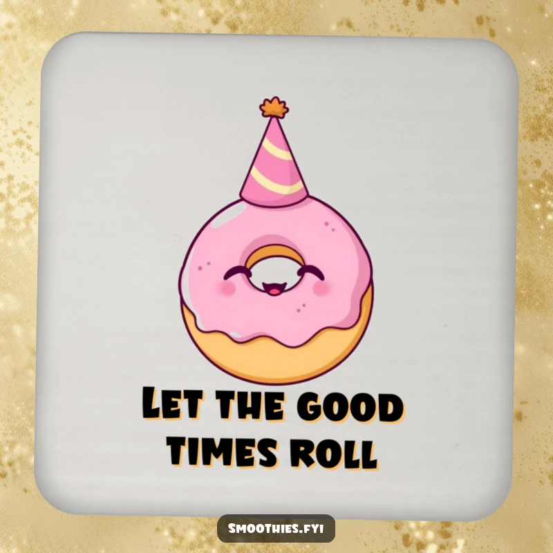 Funny Drink Coaster: A giggling donut with a party hat protects your surfaces with sweetness and a humorous, festive flair.