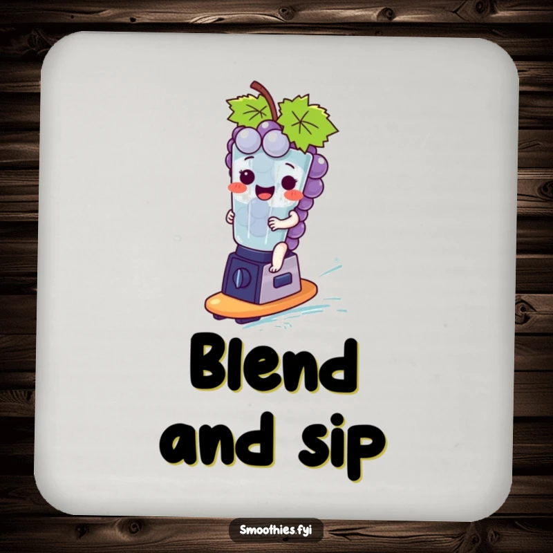 Funny giggling grape bunch riding a tiny blender surfboard, adding playful protection on this drink coaster.