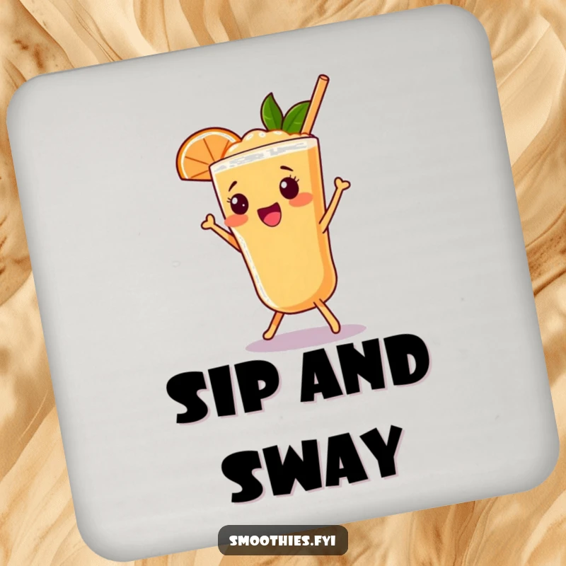 Funny grapefruit smoothie coaster featuring a beaming character doing a happy shimmy, great for drinks.