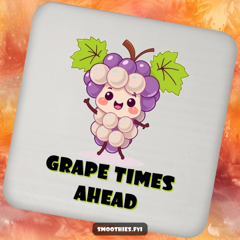Funny kawaii grape bunch coaster set, smiling and doing a jig, adding fruity fun and protection.