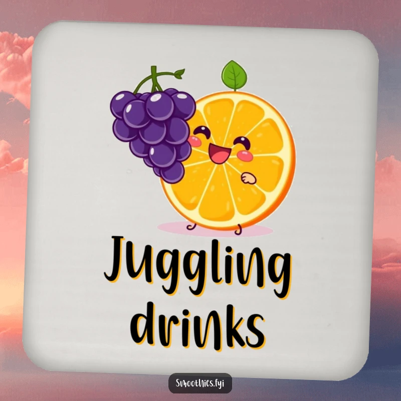 Funny Kawaii Orange Slice Coaster featuring a cute character juggling grapes. Protects tables with zesty humor.