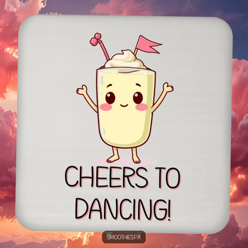 Funny drink coasters with a dancing kawaii smoothie character waving a tiny flag, offering humorous protection and festive cheer.