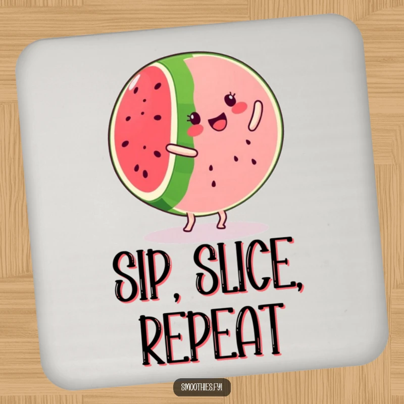 Funny kawaii watermelon slice coaster set, smiling and performing a cartwheel, adding fruity fun and protection.