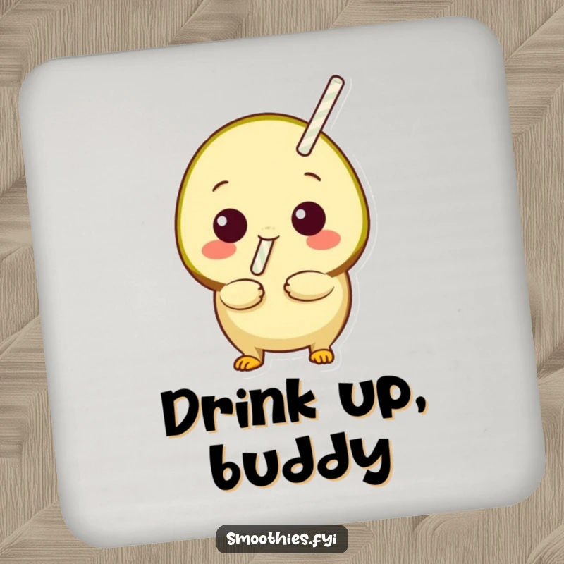 Funny playful kiwi with a straw sticking out, ready to sip, on drink coasters, offering fun and humorous protection for tables.