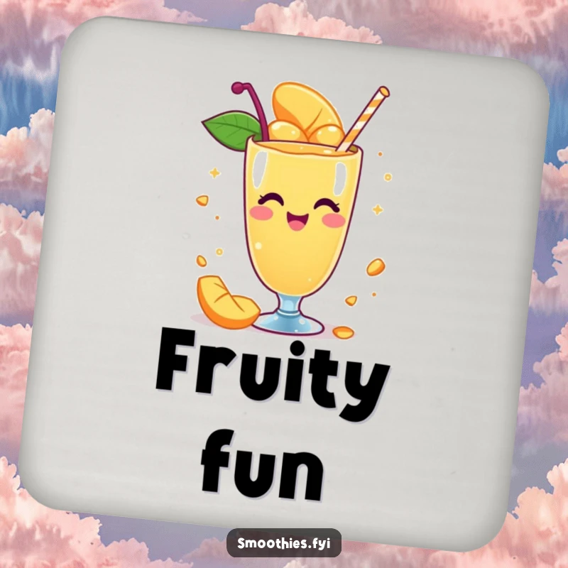 Funny drink coaster with a whimsical mango smoothie character spinning with delight, perfect for adding playful flair to tables.