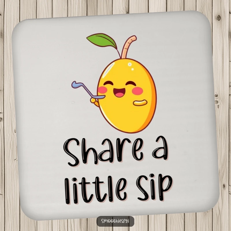 Funny laughing mango character sharing a smoothie with a tiny spoon, designed on a humorous drink coaster.