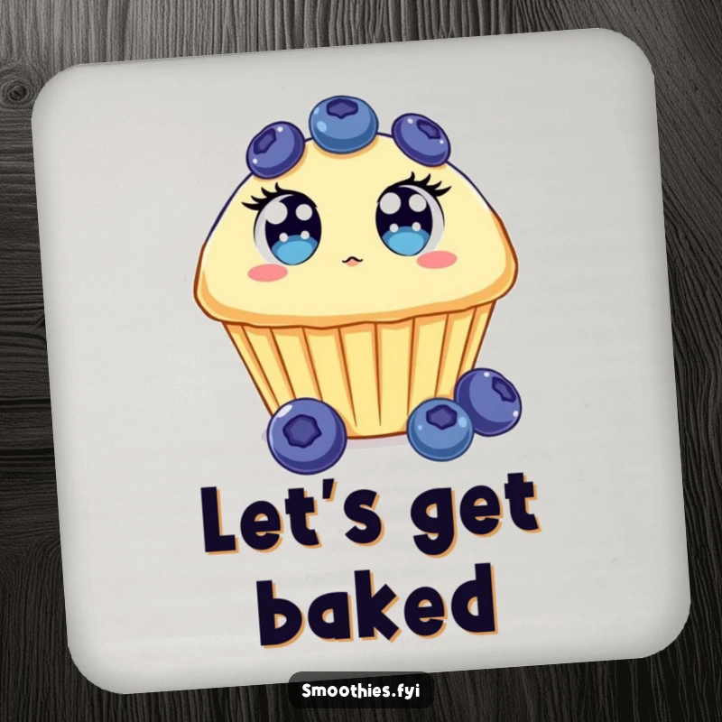 Funny Blueberry Muffin Coaster showcasing a surprised muffin with wide eyes, floating upwards, protecting surfaces.