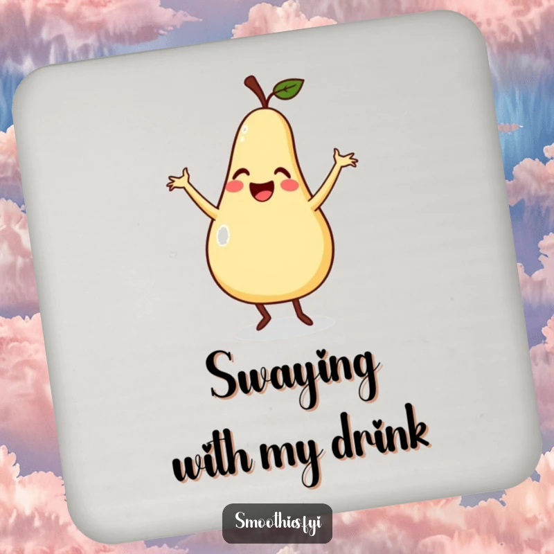Funny drink coasters featuring a smiling pear doing a silly dance with flailing arms, adding a humorous fruity touch to any setting.