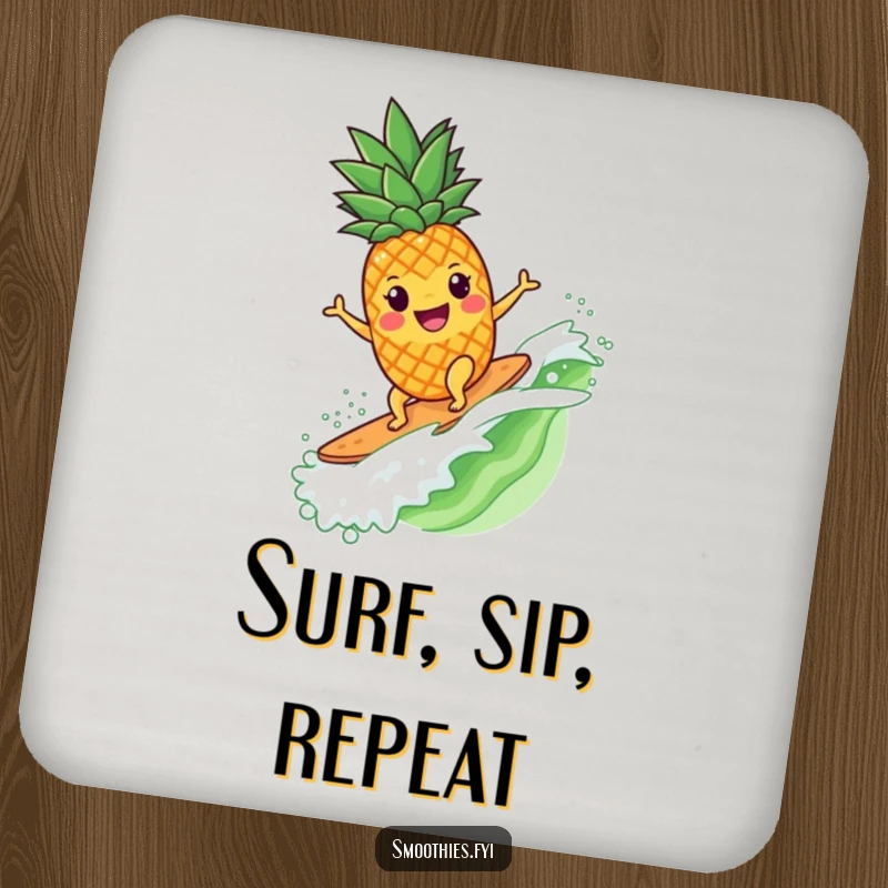 Funny pineapple character surfing a smoothie wave, designed on a protective and humorous drink coaster.