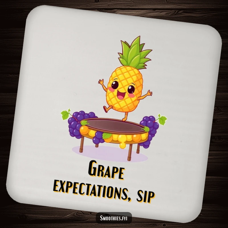 Funny Drink Coaster: A giddy pineapple bounces on a trampoline made of grapes, offering a humorous and protective surface for beverages.