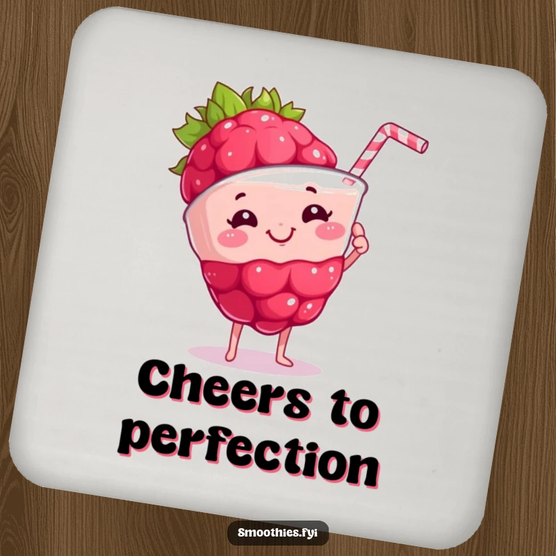 Funny proud raspberry holding a frothy smoothie on drink coasters, offering healthy and humorous protection for tables.