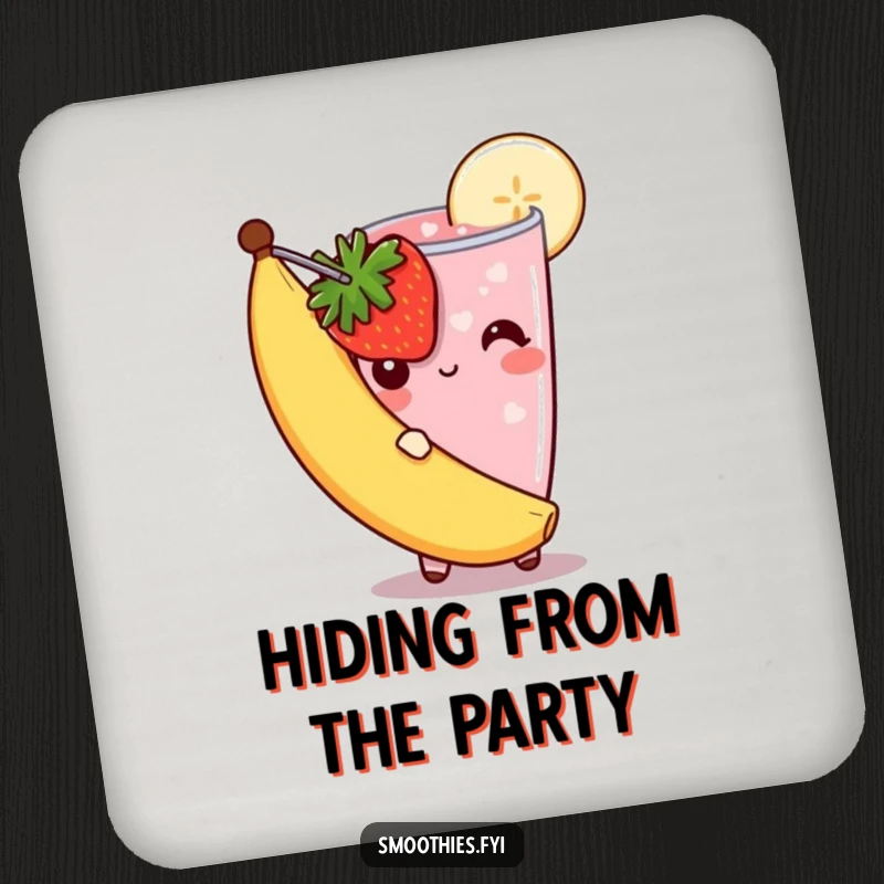 Funny shy smoothie drink coaster with a strawberry smoothie peeking from behind a banana slice, its bashful expression offering gentle protection.