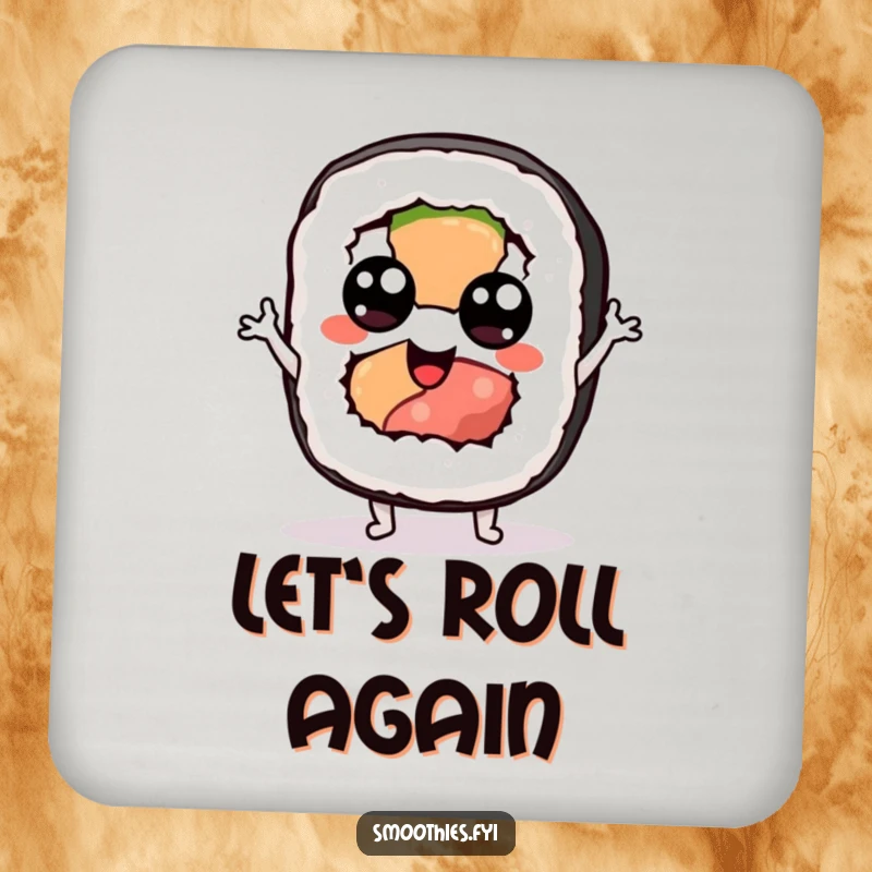 Funny sushi drink coaster with a googly-eyed sushi roll character doing a silly jig, protecting surfaces with humor.
