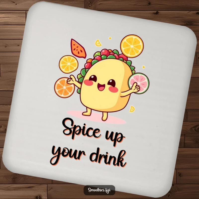 Funny Drink Coaster: A smiling taco juggles colorful fruit slices, a vibrant and protective addition to any table.