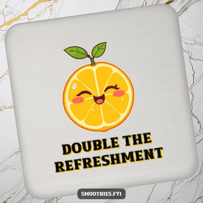 Funny drink coasters featuring a cheerful tangerine winking as it splits in half, adding a humorous citrus touch to any setting.