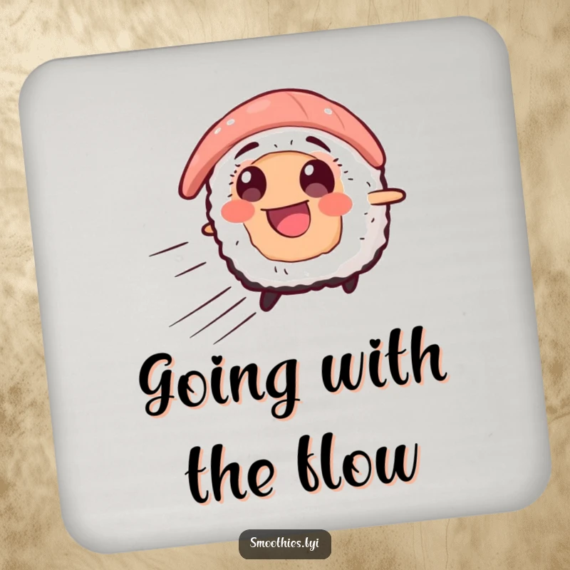 Funny coaster with a smiling sushi character zooming forward with speed lines, designed to protect surfaces with a humorous and energetic flair.