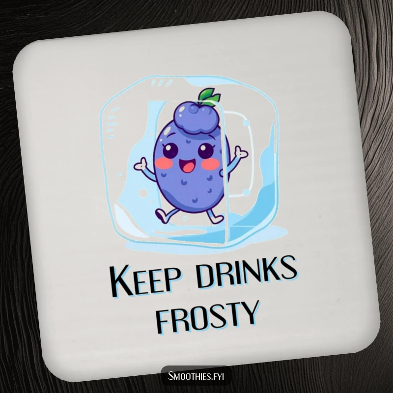 Funny Kawaii Blueberry Coaster featuring a character hopping in an ice cube. Protects tables with cool humor.