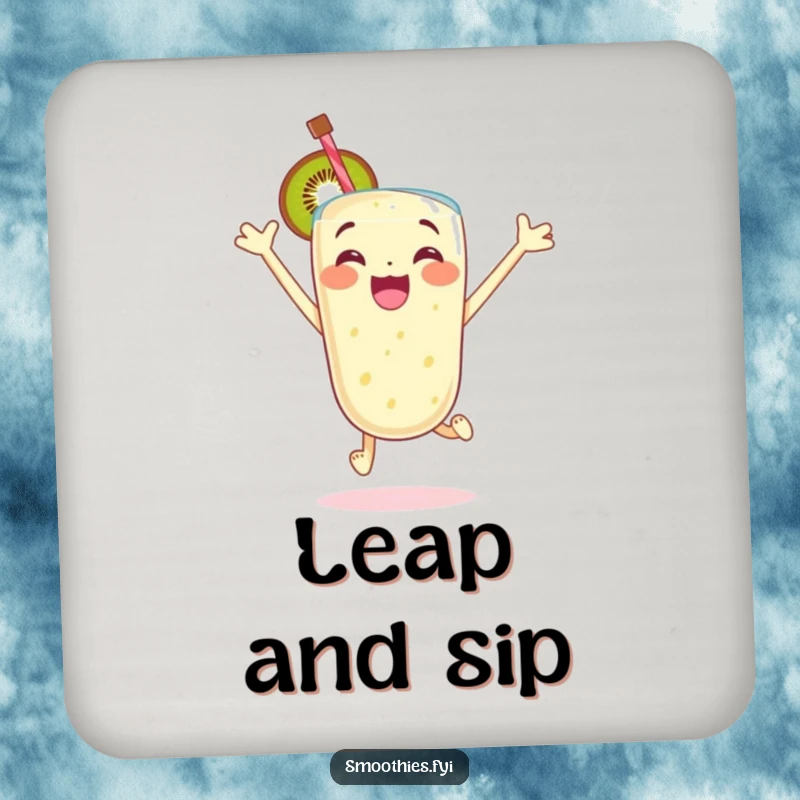 Funny drink coaster with an excited kiwi smoothie character jumping with glee, perfect for adding energetic flair to tables.