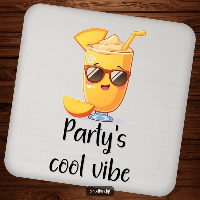 Funny mango smoothie wearing sunglasses on a drink coaster, adding humor and protecting surfaces. A perfect funny gift.