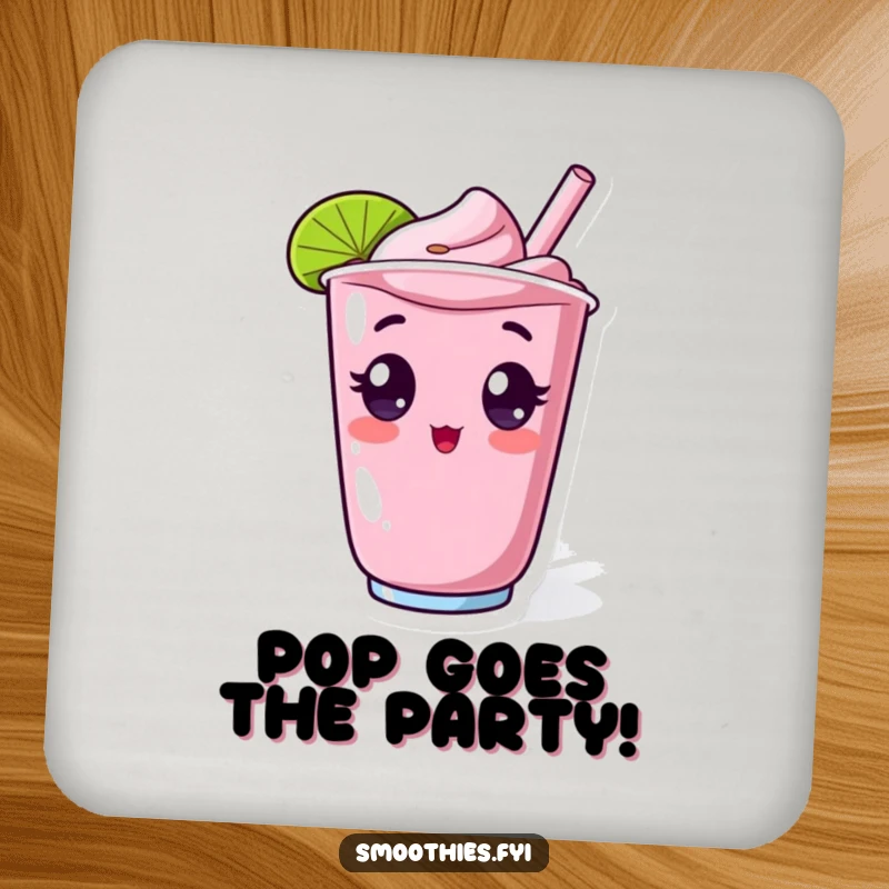 Funny drink coasters with a surprised kawaii smoothie character, wide-eyed and popping from a cup, offering humorous protection and charm.