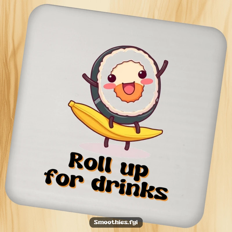 Funny Drink Coaster: A cheerful sushi roll performs a cartwheel on a banana peel, a humorous and protective addition.