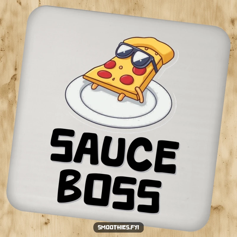 Funny pizza slice wearing sunglasses, cool sliding across a plate, a humorous and protective drink coaster.