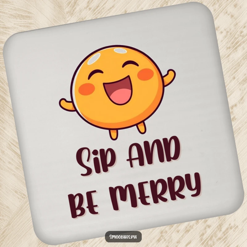 Funny coaster with a round, happy orange character laughing heartily, designed to protect surfaces with a dose of contagious humor and cheer.