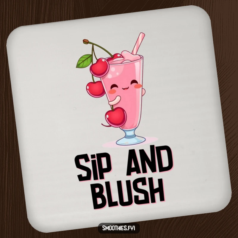 Funny shy cherry character blushing as it pours into a glass, adding sweet protection on this drink coaster.