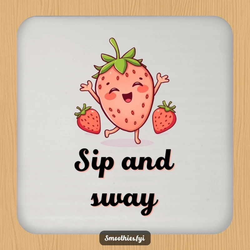 Funny drink coasters showcasing a joyful strawberry character doing a silly dance, adding a humorous touch to drinks.