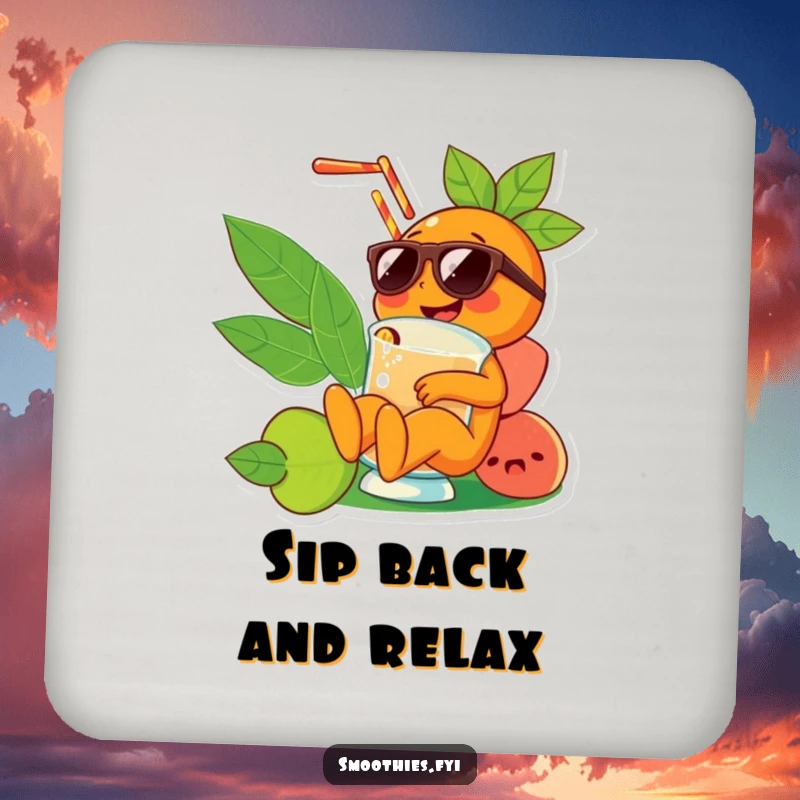 Funny orange character wearing sunglasses relaxing in a smoothie, designed as a drink coaster for stylish and humorous surface protection.