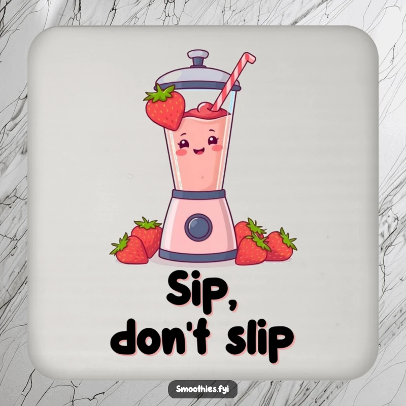 Funny strawberry smoothie design on a drink coaster, protecting surfaces while adding humor. Ideal housewarming gift.