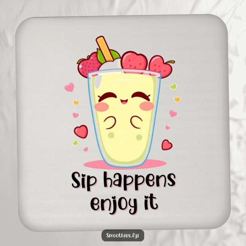 Funny Kawaii smoothie coaster, character in a vibrant fruity spin, protecting surfaces with humor.