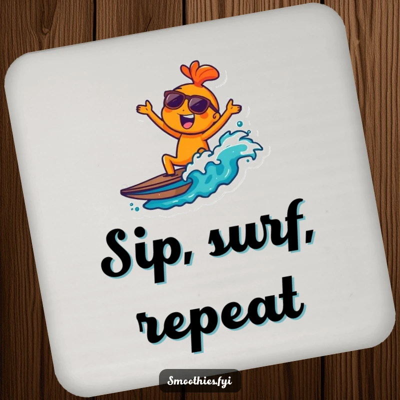 Funny orange character with sunglasses surfing a wave on a drink coaster, adding a cool, humorous touch.