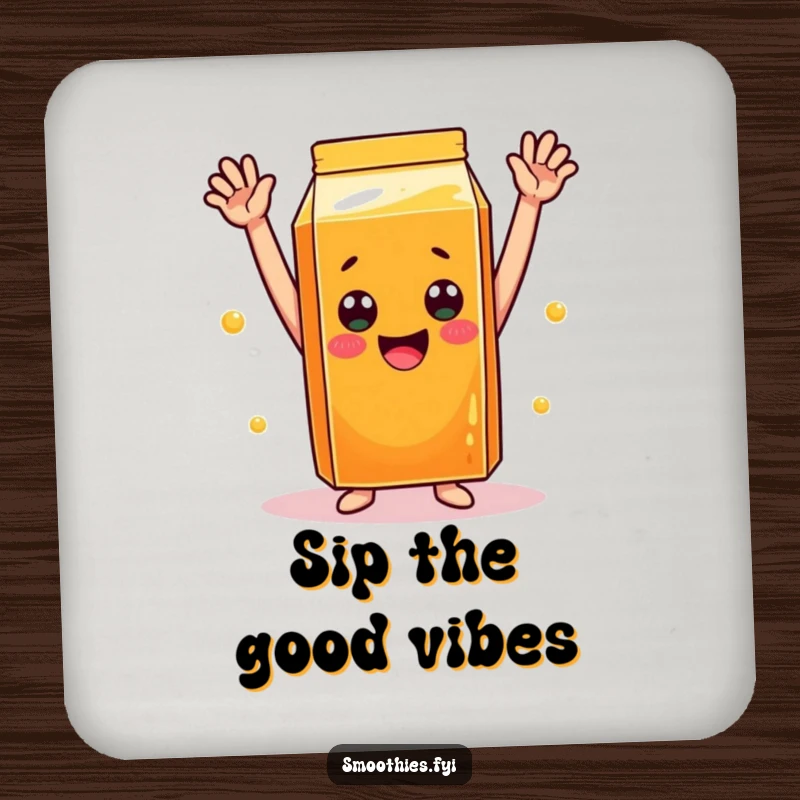 Funny orange juice carton drink coaster with arms raised in a celebratory pose, protecting surfaces with cheer.