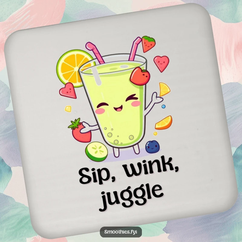 Funny Kawaii smoothie character winking while juggling colorful fruit pieces, serving as a humorous and protective drink coaster.