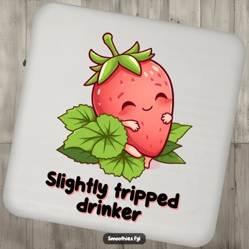 Funny Kawaii Strawberry Coaster featuring a cute character tripping playfully. Protects tables with adorable humor.
