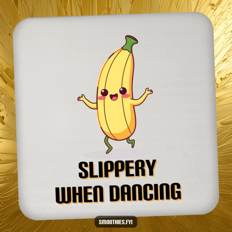 Funny Kawaii Banana Peel Coaster featuring a cute character dancing with wobbly legs. Protects tables with humor.