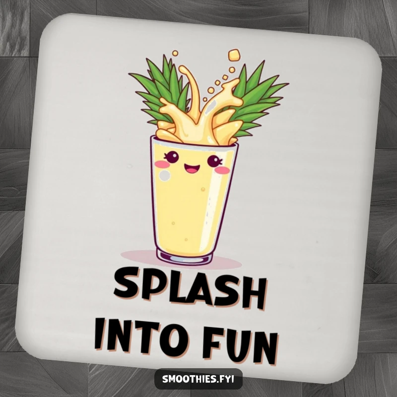 Funny pineapple smoothie splashing into a cup on a drink coaster, adding humor and protecting surfaces. A perfect funny gift.