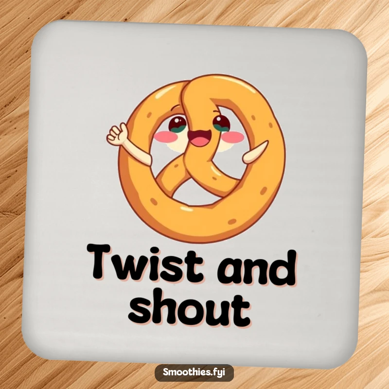 Funny Pretzel Coaster showcasing a happy, grinning pretzel character doing a joyful spin, protecting surfaces.