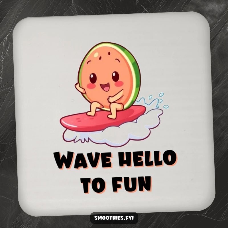 Funny drink coasters featuring a cheerful watermelon slice surfing on a jelly wave, adding a humorous summer touch to any setting.