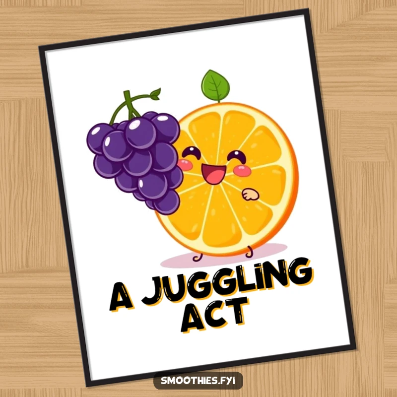 Funny Kawaii Orange Slice Poster showing a cute character juggling grapes with a wide grin. Bright and humorous wall art.