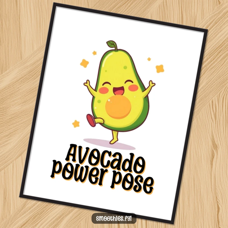 Funny poster art of a gleeful avocado character executing a dynamic high kick, bringing energy to the wall.