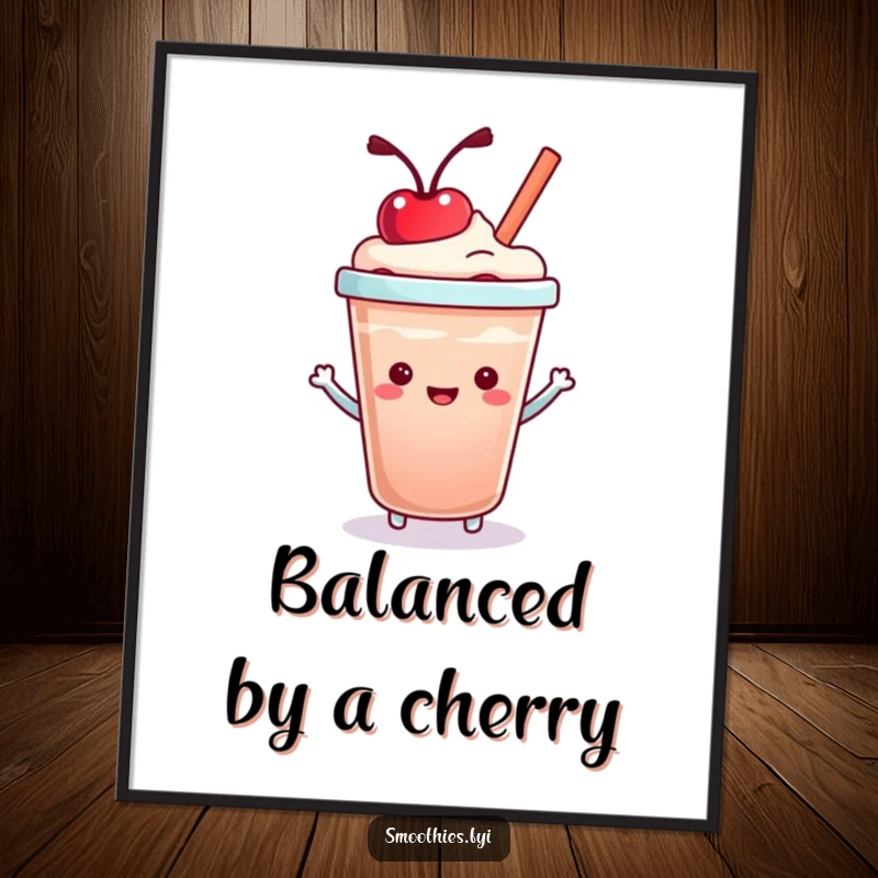 Funny Kawaii Smoothie Cup Poster showcasing a happy character with a cherry mid-air, adding cheerful vibes to any wall.