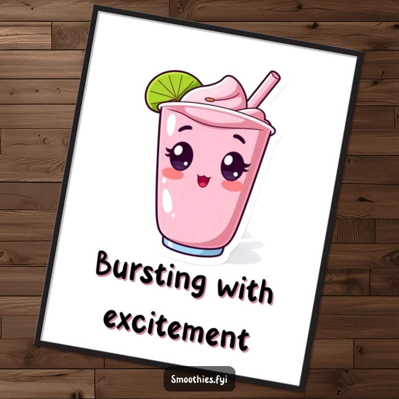 Funny poster of a surprised kawaii smoothie character with wide eyes, popping out of a cup, creating a humorous and energetic art piece.