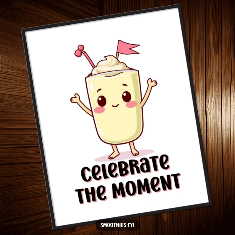 Funny poster of a dancing kawaii smoothie character waving a tiny flag, creating a humorous and joyful piece of art.