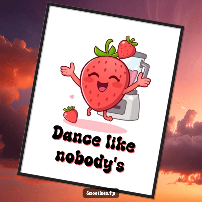 Funny cheerful strawberry dancing with a blender behind it on a poster, creating a joyful and humorous wall decoration.